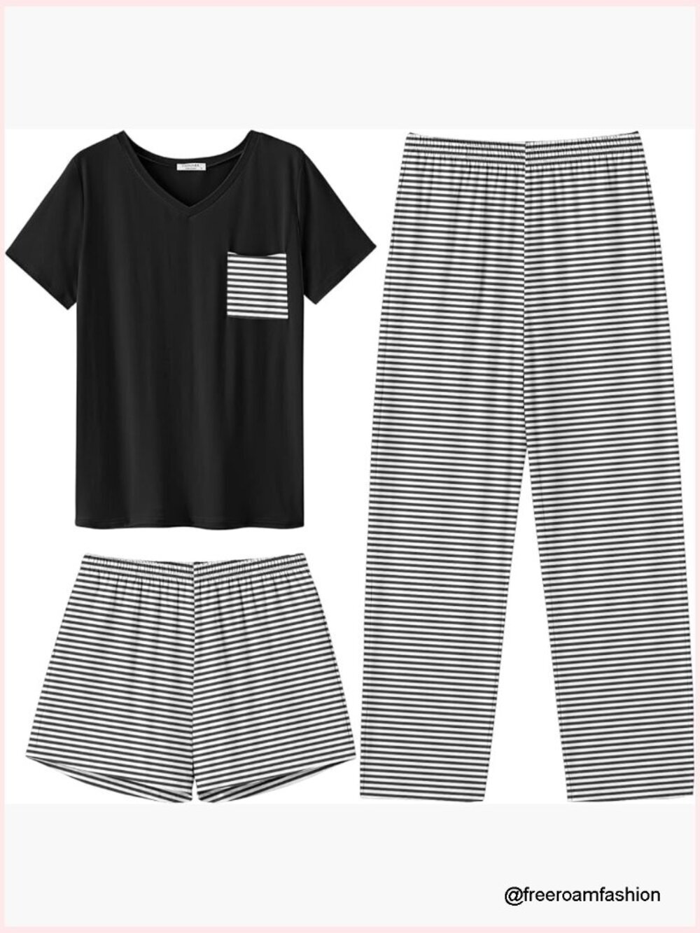 3 Piece Pajama Set Short Sleeve Top Shorts and Pants with Pockets